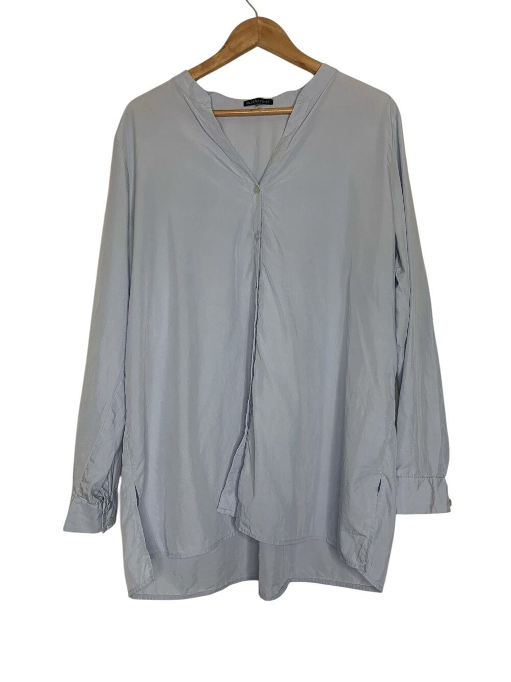 Eileen Fisher Tencel Button Up Silky Top Long Sleeve Blouse Minimalist Coastal
